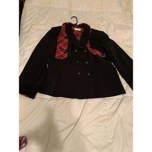 Kasper ASL: Black Double‑Breasted Blazer Size 14 – Plaid Scarf , Gold Buttons